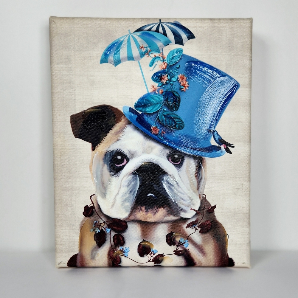 Bulldog in Blue top hat stretch canvas print